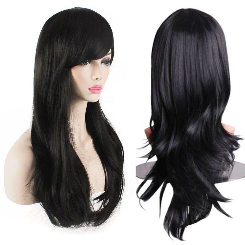 Akstore 28 inch Fashion Wigs Long Wavy Curly Hair Cosplay Wig & Wig Cap (Black) - Image 1